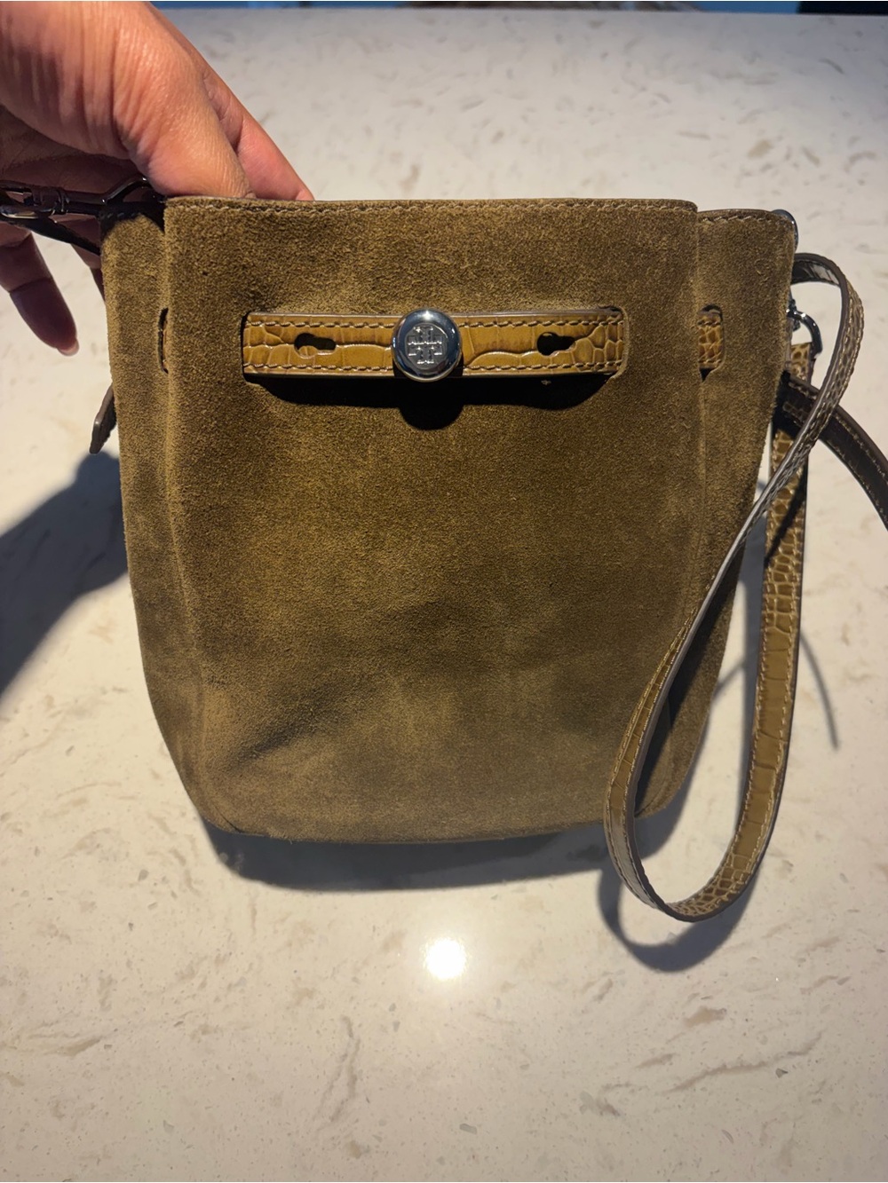 Tory Burch Olive Suede Crossbody with Croc-Textured Strap